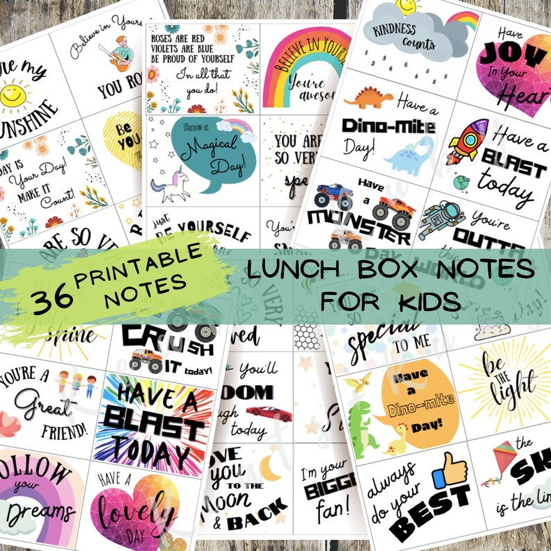 Pode incluir: 36 notas imprim&iacute;veis para lancheira de crian&ccedil;as. As notas apresentam designs coloridos e mensagens positivas como "Have a Blast Today!" e "You're Awesome!"