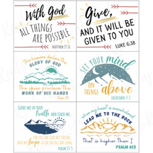 May include: Four colorful inspirational quotes with mountain and sky imagery. The quotes are "With God all things are possible", "Give, and it will be given to you", "Set your mind on things above", and "When my heart is overwhelmed, lead me to the rock that is higher than I".