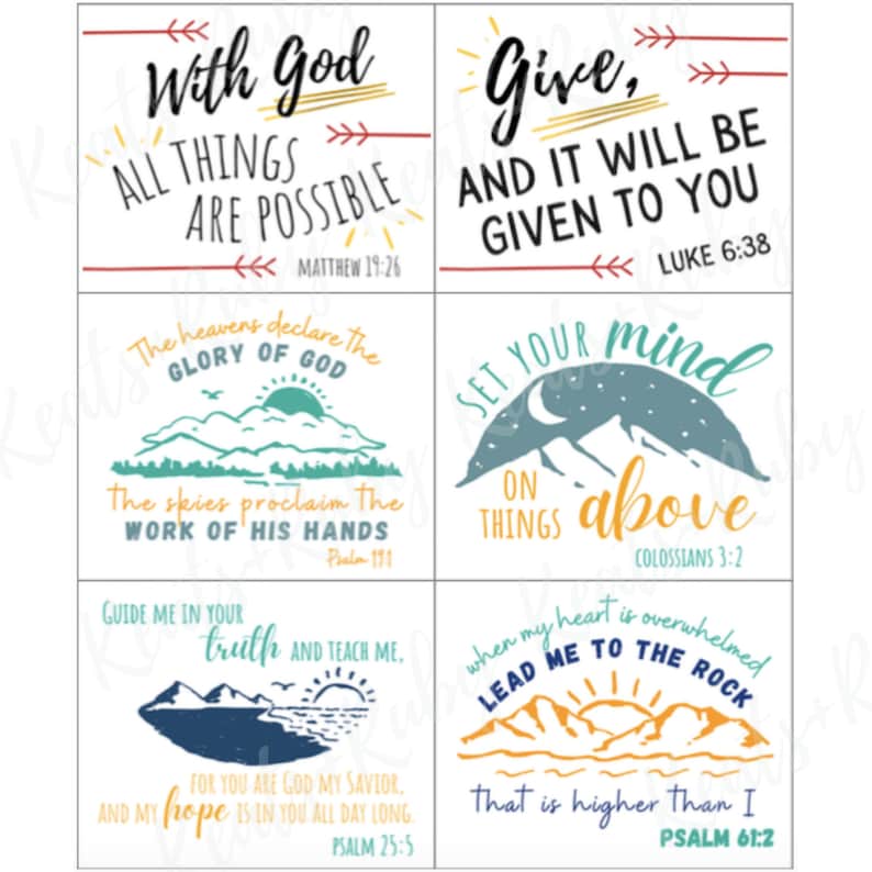 May include: Four colorful inspirational quotes with mountain and sky imagery. The quotes are "With God all things are possible", "Give, and it will be given to you", "Set your mind on things above", and "When my heart is overwhelmed, lead me to the rock that is higher than I".