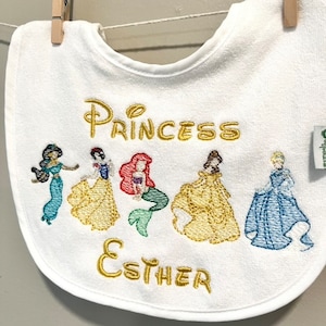 5 Disney Princesses Embroidered Waterproof Baby Bib, First Disney Trip, Disney Bib for Girls | Jasmine, Snow White, Ariel, Belle, Cinderella