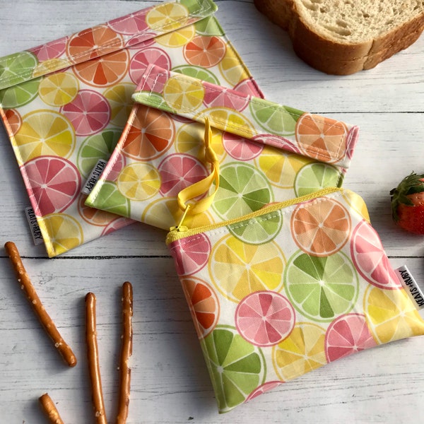 Citrus Reusable Snack Bags, Sandwich Bags, Zipper Bags | Waterproof Food Safe PUL Lining | Wipeable, Washable Laminated Cotton Bag, BPA Free