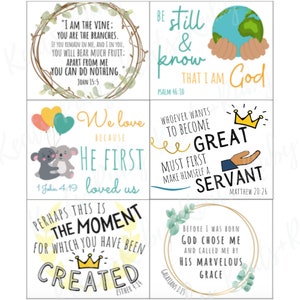 May include: Four colorful square cards with inspirational quotes and bible verses. The first card has a green wreath with the quote "I am the vine: You are the branches. If you remain in me, and I in you, you will bear much fruit: Apart from me you can do nothing." John 15:5. The second card has a blue and green globe with hands holding it and the quote "Be still & know that I am God." Psalm 46:10. The third card has a koala bear with balloons and the quote "We love because he first loved us." 1 John 4:19. The fourth card has a crown and the quote "Whoever wants to become great must first make himself a servant." Matthew 20:26.