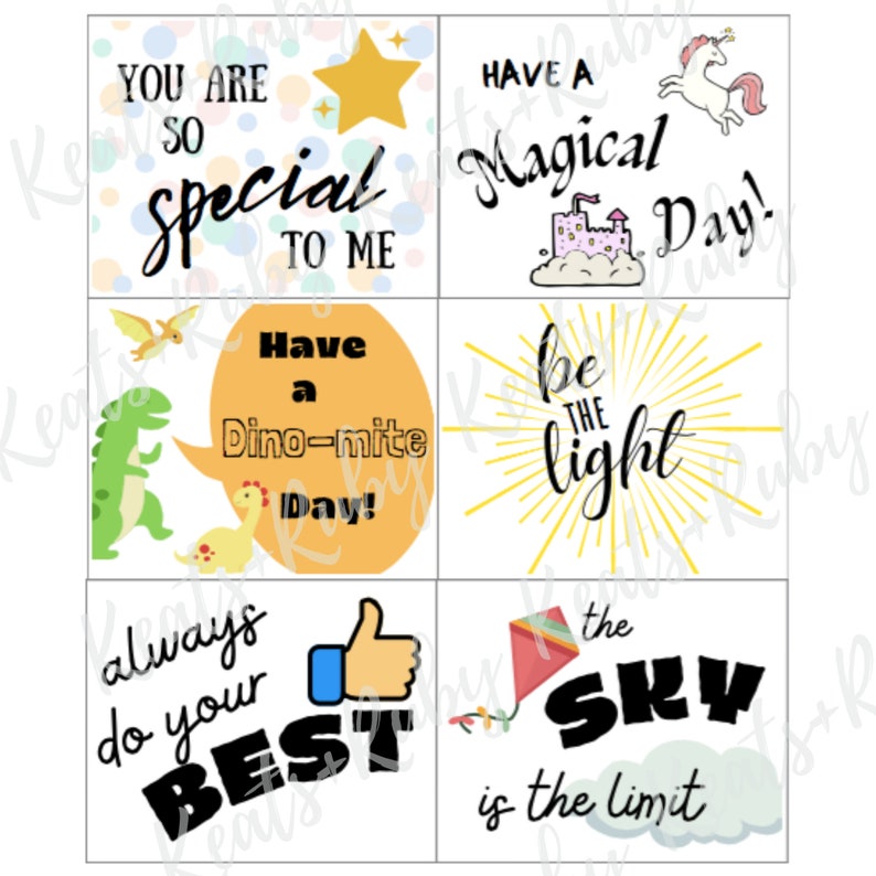 Pode incluir: Seis cart&otilde;es imprim&iacute;veis coloridos com mensagens positivas. Os cart&otilde;es apresentam ilustra&ccedil;&otilde;es de uma estrela, um unic&oacute;rnio, um castelo, um sol, um dinossauro, um polegar para cima, uma pipa e uma nuvem. O texto nos cart&otilde;es inclui: "Voc&ecirc; &eacute; t&atilde;o especial para mim", "Tenha um dia m&aacute;gico!", "Tenha um dia Dino-mite!", "Seja a luz", "Fa&ccedil;a sempre o seu melhor", e "O c&eacute;u &eacute; o limite".