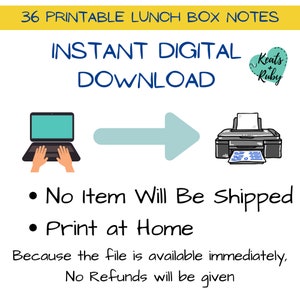 Pode incluir: Um download digital de 36 notas imprim&iacute;veis para a caixa de almo&ccedil;o. A imagem mostra um computador com uma m&atilde;o digitando no teclado, uma seta apontando para uma impressora e o texto "DOWNLOAD DIGITAL INSTANT&Acirc;NEO".