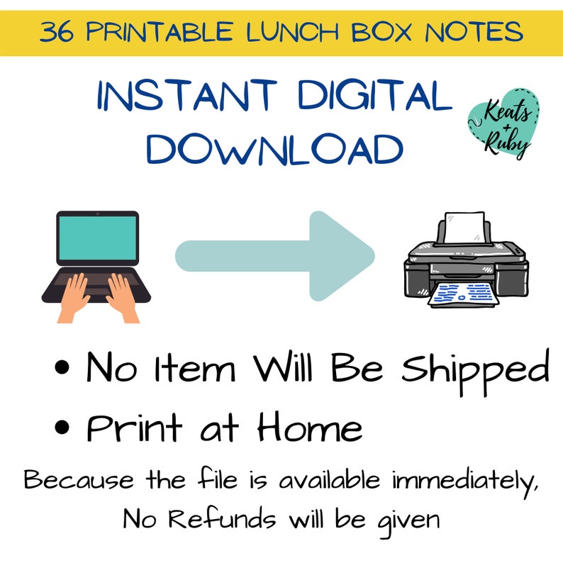 Pode incluir: Um download digital de 36 notas imprim&iacute;veis para a caixa de almo&ccedil;o. A imagem mostra um computador com uma m&atilde;o digitando no teclado, uma seta apontando para uma impressora e o texto "DOWNLOAD DIGITAL INSTANT&Acirc;NEO".