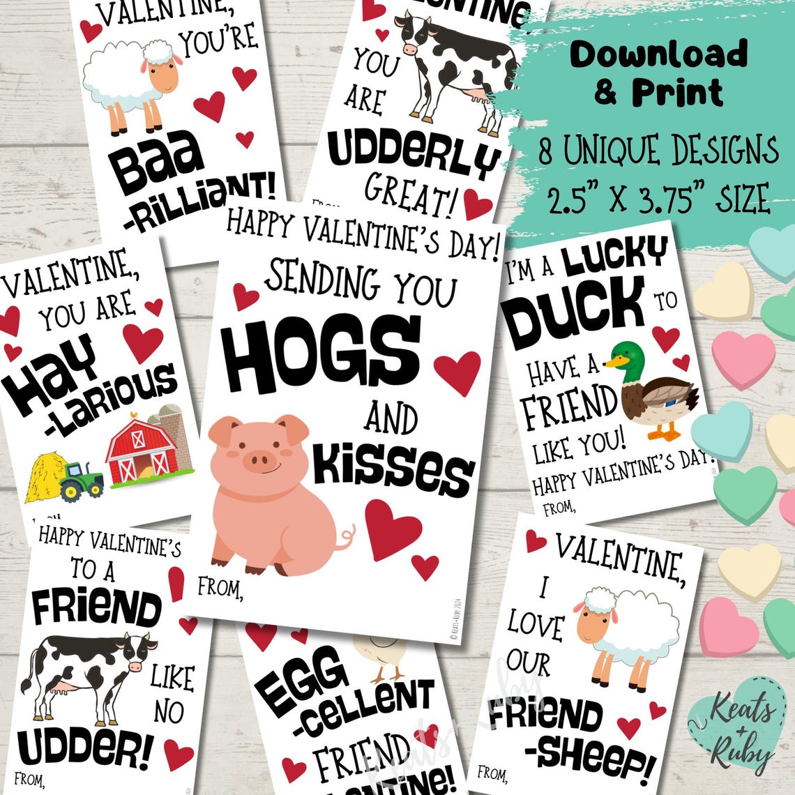 Farm Valentine's Day Cards for Kids - 8 Unique Designs | Farm Animal ...