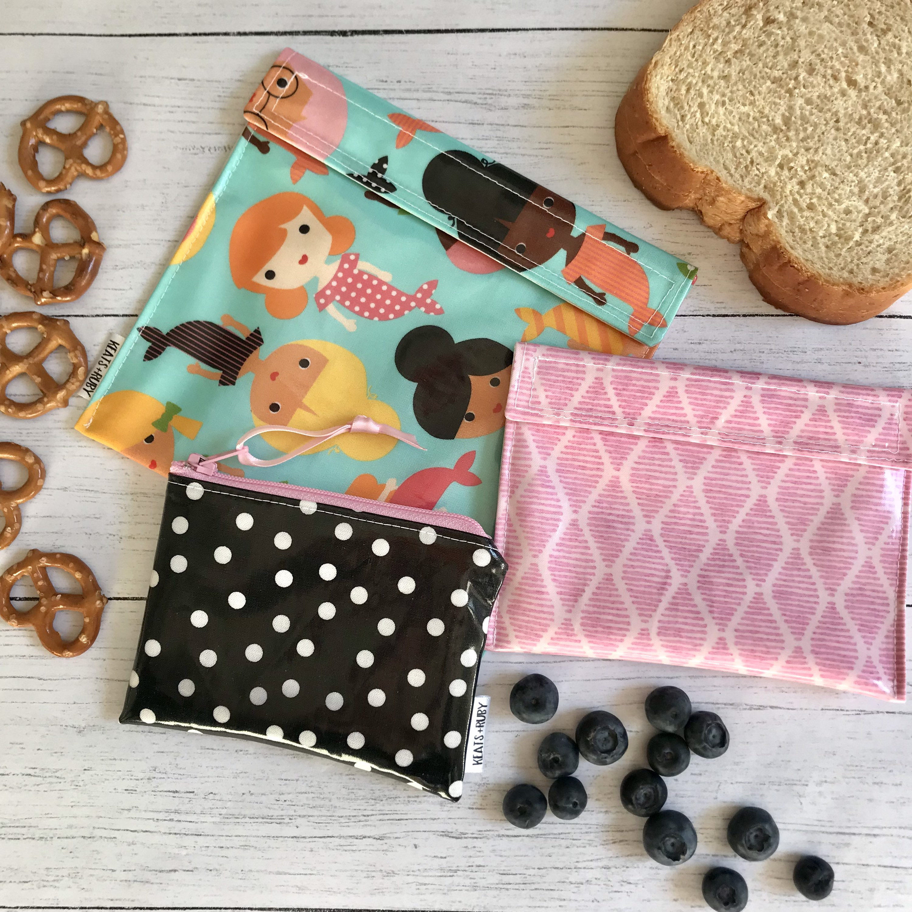 Reusable Snack Bags, Sandwich Bags, Zipper Bags Waterproof Food Safe PUL  Lining Wipeable, Washable Laminated Cotton Bag BPA Free 