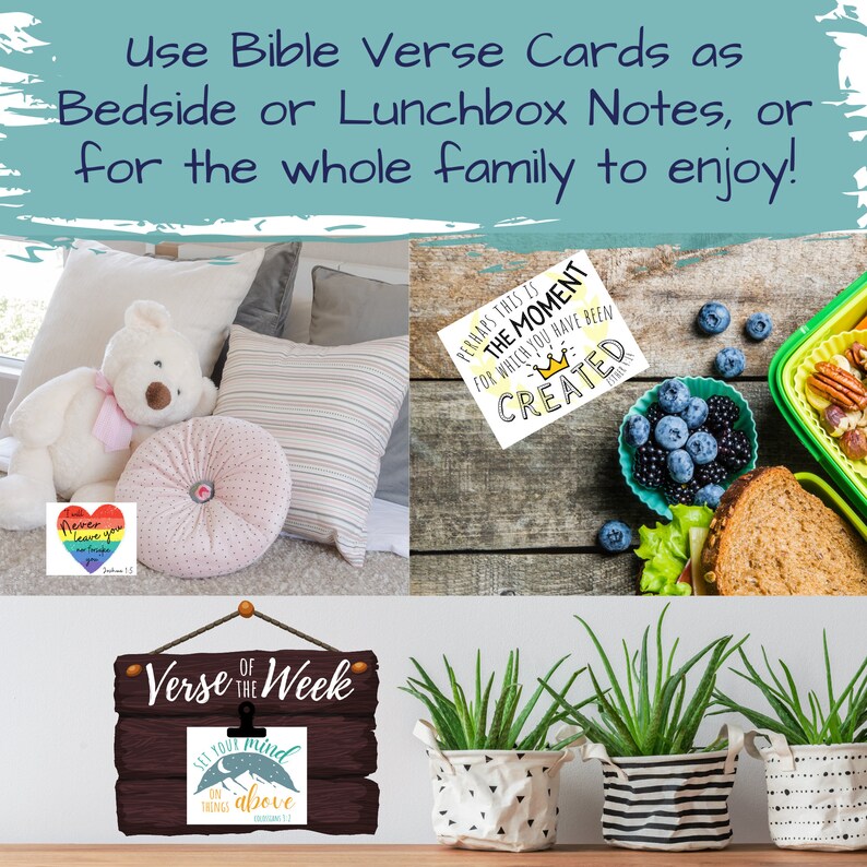 May include: A set of printable Bible verse cards with a variety of designs. The cards feature inspirational quotes and are perfect for adding a touch of faith to your home or office. The cards are shown in a variety of settings, including a bedside table, a lunchbox, and a plant stand.