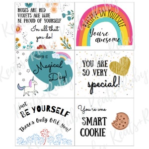 Pode incluir: Um conjunto de seis cart&otilde;es imprim&iacute;veis com afirma&ccedil;&otilde;es positivas. Os cart&otilde;es apresentam ilustra&ccedil;&otilde;es coloridas e texto como "As rosas s&atilde;o vermelhas, as violetas s&atilde;o azuis, orgulhe-se de si mesmo em tudo o que faz!" e "Voc&ecirc; &eacute; t&atilde;o especial!"