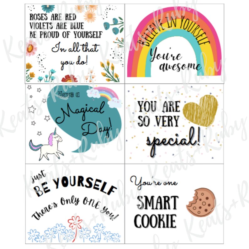 Pode incluir: Um conjunto de seis cart&otilde;es imprim&iacute;veis com afirma&ccedil;&otilde;es positivas. Os cart&otilde;es apresentam ilustra&ccedil;&otilde;es coloridas e texto como "As rosas s&atilde;o vermelhas, as violetas s&atilde;o azuis, orgulhe-se de si mesmo em tudo o que faz!" e "Voc&ecirc; &eacute; t&atilde;o especial!"