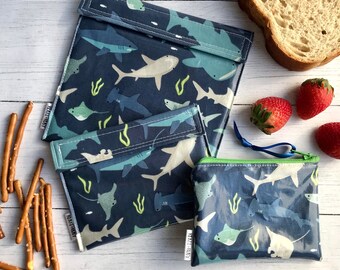 Shark Reusable Snack Bags, Sandwich Bags, Zipper Bags | Waterproof Food Safe PUL Lining | Wipeable, Washable Laminated Cotton Bag | BPA Free