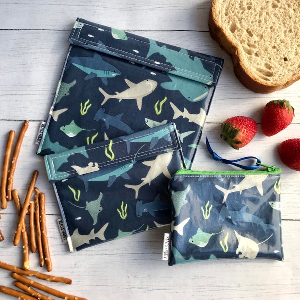 Shark Reusable Snack Bags, Sandwich Bags, Zipper Bags | Waterproof Food Safe PUL Lining | Wipeable, Washable Laminated Cotton Bag | BPA Free