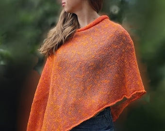 Orange Pumpkin Knitted Poncho & Beach cover up Soft Rayon/Linen/Cotton Blend (M/L)