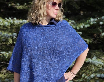 Blue Knitted Poncho: Soft Linen Cotton Blend, Fits M/L