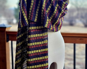 Knitted Lambswool Shawl: Terracotta, yellow, purple Scarf, Long Wide