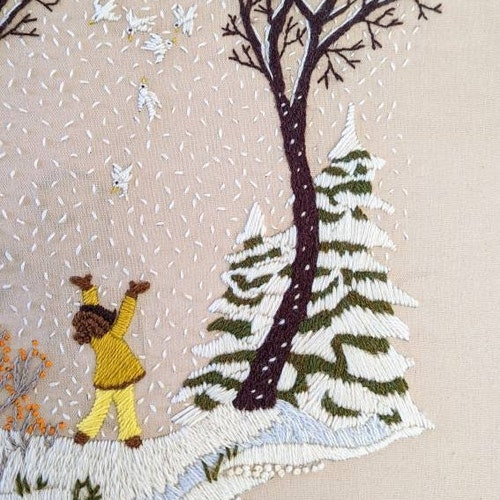 Framed Crewel Embroidery Girl shops Catching First Snow Fall, Frame Size 27