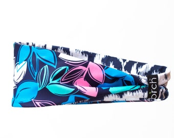 Navy Retro Floral Reversible Fitness Headband - No Slip - Moisture-Wicking, Yoga, Workout, Super Comfort Fashion Hairband_