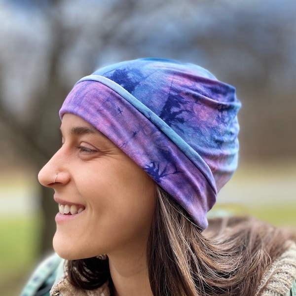 Blue Pink Tye Dye Bamboo Stretch Beanie Hat, Breathable Soft Comfort Fit, Ponytail Hole, Reversible, Multi Function Headband