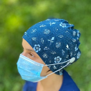Denim Blue Flower Scrub Cap with Buttons -Ponytail, Bun, Stretch Comfort Fit, Full Nurse Head Wrap, Dental Hygienist, Vet, Healthcare PPE