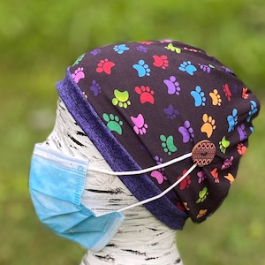 Dog Paw Print Scrub Cap met knopen, paardenstaart, bun stretch comfort fit, unisex full nurse head wrap, tandheelkundige, dierenarts, gezondheidszorg orenaver PPE