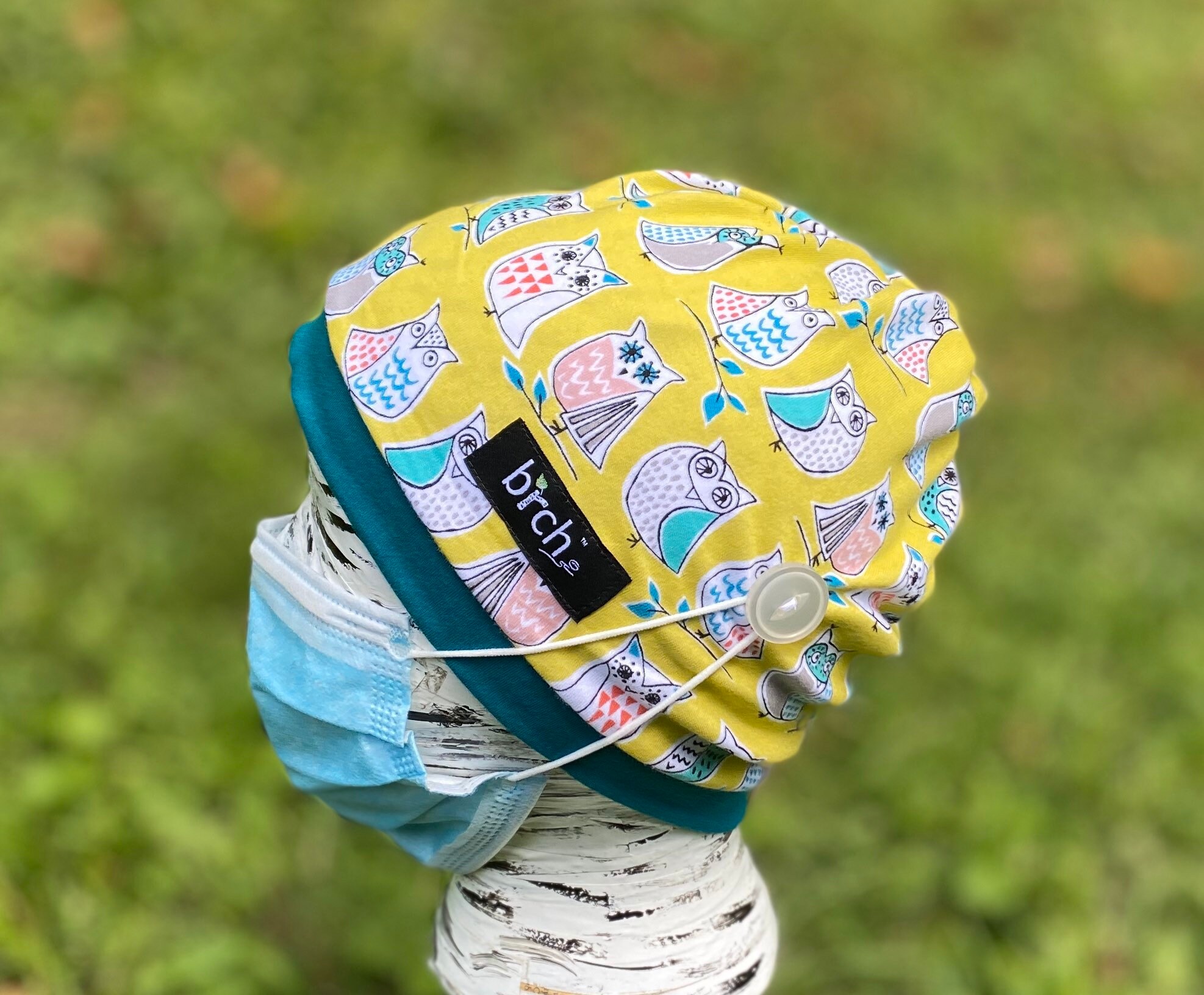 Organic Cotton Owl Print Scrub Cap with Buttons, Ponytail, Bun Stretch Comfort Fit, Unisex Full Nurs