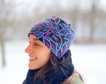 Winter Hat, Purple Peacock Print Lined with Polartec® 200 ThermoPro Fleece,  Wind Proof Ear Warmer, Ski, Hike, Runner, Dog Walker