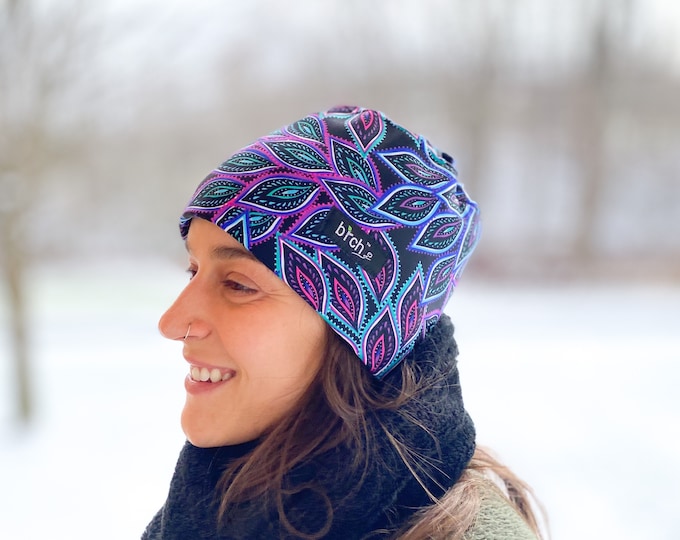 Winter Hat, Purple Peacock Print Lined with Polartec® 200 ThermoPro Fleece,  Wind Proof Ear Warmer, Ski, Hike, Runner, Dog Walker