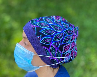 Surgical Cap for Women with Buttons, Scrub Hat for Ponytail & Bun Stretch Fit - Nurse Head Wrap, Dental Scrub Cap, Food Service Hat