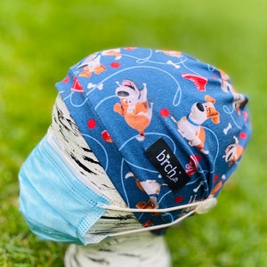Silly Dog Print Scrub Cap with Buttons, Ponytail, Bun Stretch Comfort Fit, Unisex Full Nurse Head Wrap, Dental, Vet, Healthcare Earsaver PPE