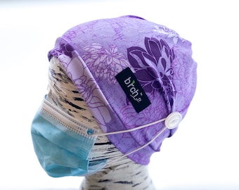 Lavender Floral Scrub Hat with Buttons,  Soft Stretch Cotton Comfort Fit Beanie, Unisex Full Nurse Head Wrap, Dental, Surgical, Vet