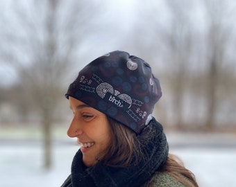 Winter Burgundy Black White Fleece Hat, Lined with Polartec 200 Warm ThermoPro Fleece,  Wind Proof Ear Warmer, Ski, Hike, Runner, Dog Walker