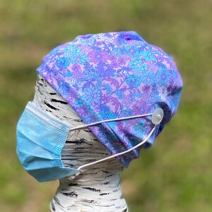 Purple, Teal, Blue Flower Scrub Cap with Buttons - Stretch Comfort Fit, Full Nurse Head Wrap, Dental Hygienist , Healthcare PPE