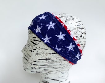 Navy White Stars Patriotic Print Reversible Fitness Headband - No Slip, Moisture-Wicking, Yoga, Workout, Soft Comfort Fashion Hairband