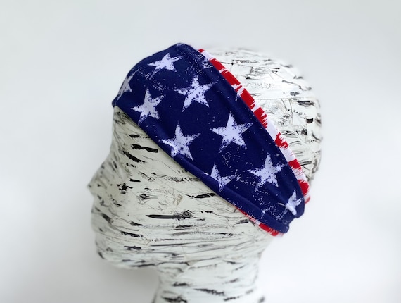 Navy and White Star Headband Patriotic Knotted Headband: Royal Blue White Stars, 4th of  main image 4