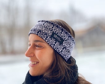 Black White Aztec Print Winter Fleece Lined Polartec 200 Hi Warmth Headband, Wind Proof Ear Warmer, Ski, Hike, Runner, for Cold Weather