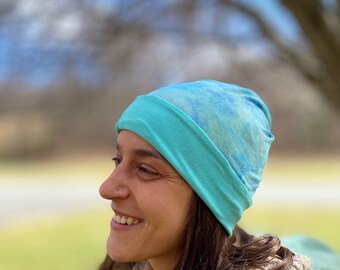 Mint Blue Tye Dye Bamboo Stretch Beanie Hat, Soft Comfort Fit, Unisex Full Nurse Head Wrap, Hole Top for Ponytail, Multi Fit Headband