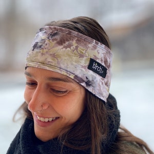 Mostaza, marrón, negro tie dye estampado de lana de invierno forrado Polartec 200 Hi Warm Diadema para frío, calentador de oídos a prueba de viento, esquí, caminata, corredor