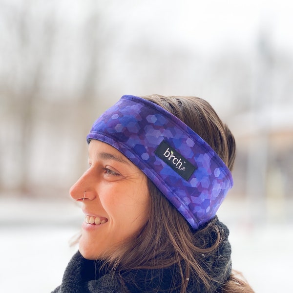 Purple Abstract Print Winter Fleece Lined Polartec 200 Warm Headband, Heavyweight Wind Proof Ear Warmer, Ski, Hike, Runner