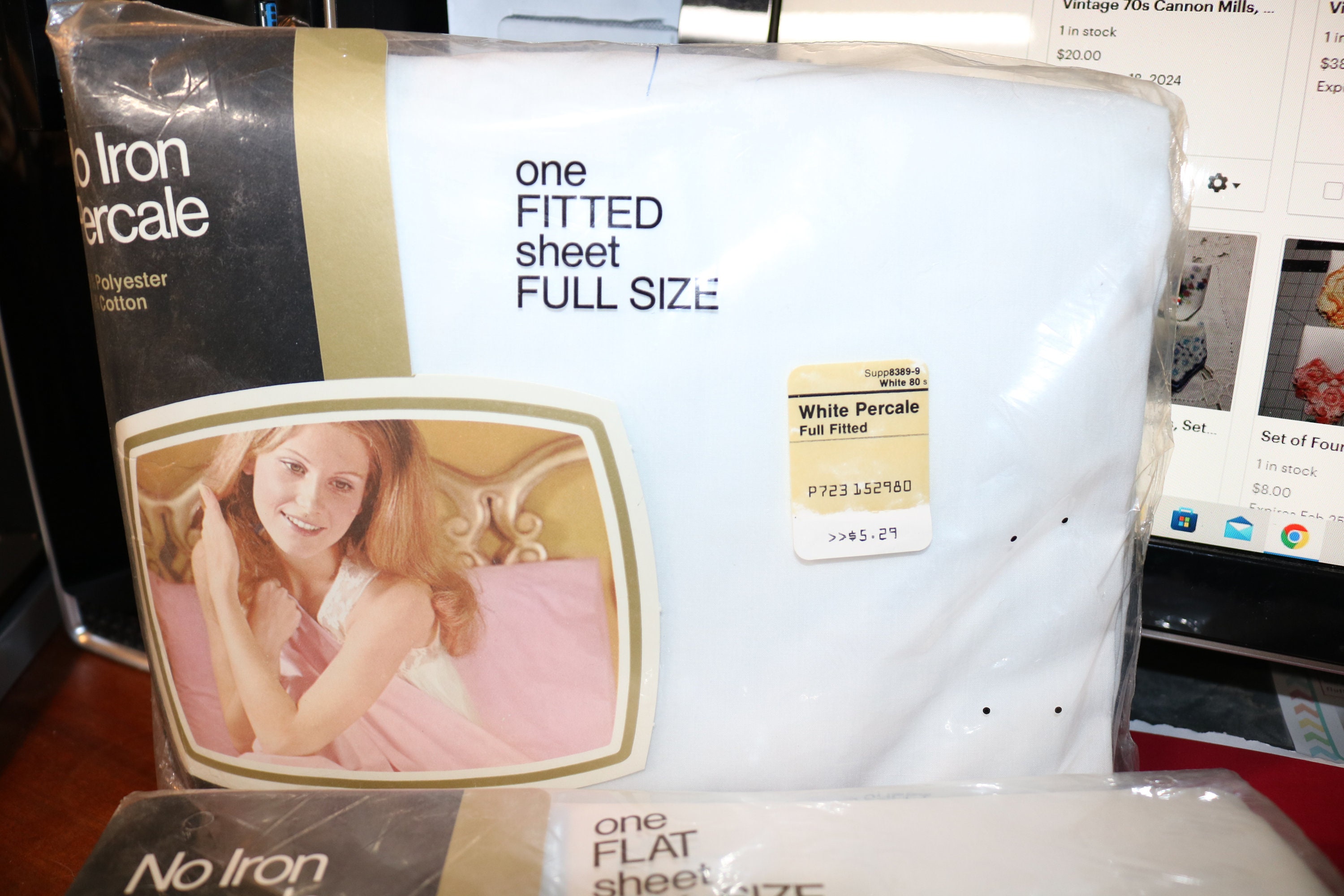 Vintage Set of Full Size White Fitted and Flat Sheet, JC Penny Vintage