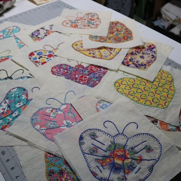 Vintage Applique Butterfly Quilt Blocks, Embroidery Details, Quilt Blocks for Crafting Totes, Baby Blankets or Wall Hanging, Feed Sack Block