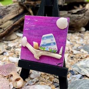 Miniature Sea Pottery or Sea Glass Magnets. Painted watercolour canvas magnet 5cm sq; painted cottage; beach huts; plant pot or lighthouse.