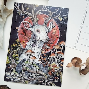 Besouro de cartão postal, veado branco, cabeça de veado, cogumelos, lua vermelha, ilustração botânica, veado, chifres, arte de Harena