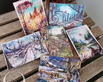 Imaginative POSTCARDS - animals, winter, fairy tale, greeting card, birthday, Christmas, gift, fox, illustration, landscape, raccoon