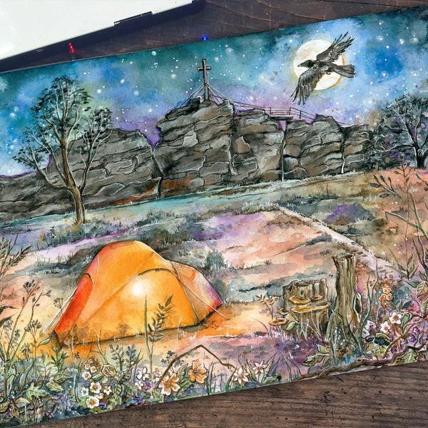 Teufelsmauer Rock Festival (Art Print) - Rock Music, Harz, Camping, Camping, Raven, Illustration, Watercolor, Metalhead, Nature, Panorama, Night