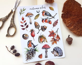 May include: A sheet of stickers with an autumn theme. The stickers feature illustrations of mushrooms, acorns, leaves, a robin, a hedgehog, and a pine cone. The text "autumn vibes" is printed at the top of the sheet.