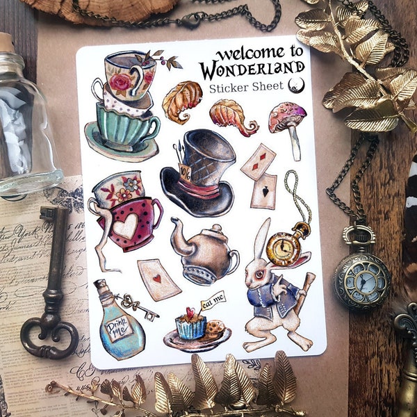 Feuille d’autocollants Wonderland - Feuille d’autocollants Alice au pays des merveilles, autocollants magiques, autocollants Mad Hatter, Bullet Journal, autocollants Scrapbook