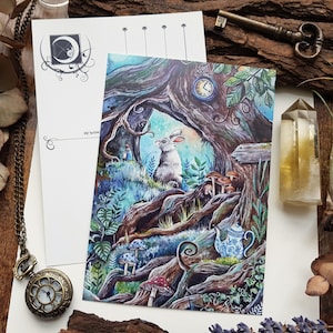 Cartão postal na toca do coelho, país das maravilhas, coelho branco, buraco do coelho, Alice, festa do chá, arte de fantasia, arte de Harena