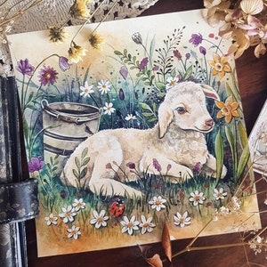 Frühlingslamm (Original & Kunstdruck) - Lamm, Schaf, Ostern, Frühling, Tiere, Süße Zeichnung, Aquarell, Illustration, Malerei