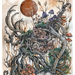 Geworteld (origineel & Art Print) - nachtvlinder, maan, illustratie, tekening, aquarel, aquarel, Darkart, paddestoelen, natuur, kunst, schedel