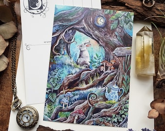 Postcard Down The Rabbit Hole, Wonderland, White Rabbit, Rabbithole, Alice, Tea Party, Fantasy Art, Harena's Artwork